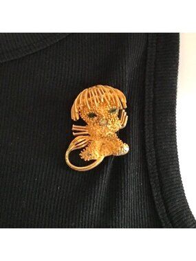 Vintage Lea Stein Gold Tone Lion Brooch Pin With Green Rhinestone Eyes